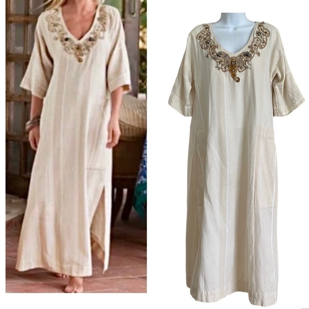 SOFT SURROUNDINGS Beige Embellished Cotton Flax Maxi Dress Size PS Lounge Beach
